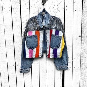 Wren + Glory Rainbow Spiked Jean Jacket Small